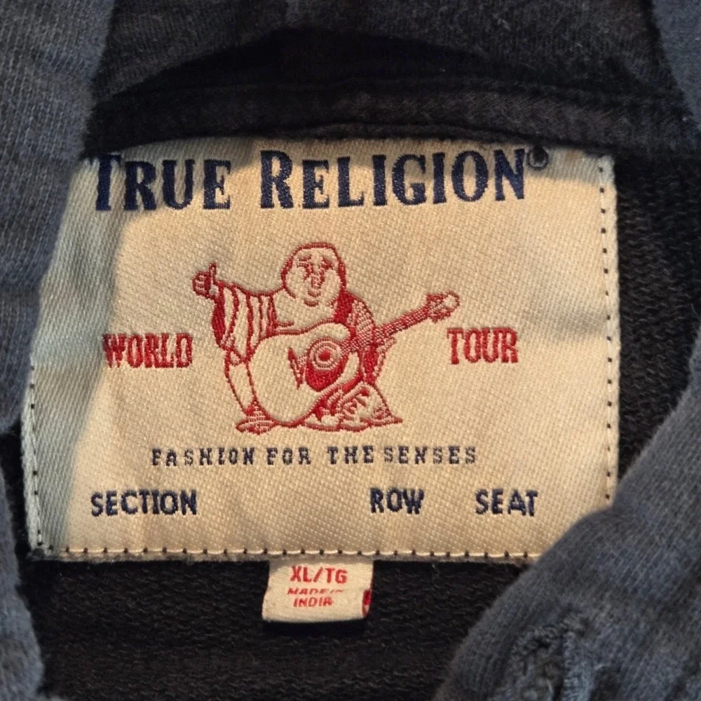 True Religion Zip Hoodie Mens XL Black Gold Chain Graphic Sleeve Logo Sweatshirt
